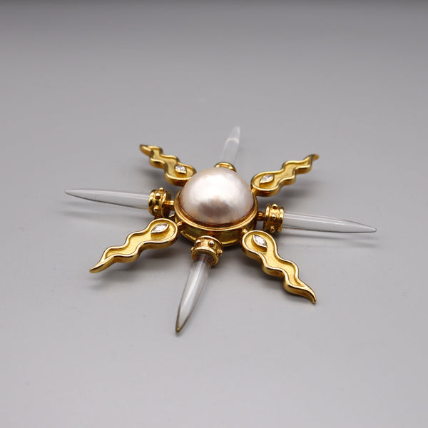 Arsham Modernist Maltese Pendant Brooch In 18Kt Gold With VS Diamonds Rock Quartz & Pearl