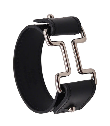 Hermes Paris H Logo Leather Bangle Bracelet in Palladium Plated With Box