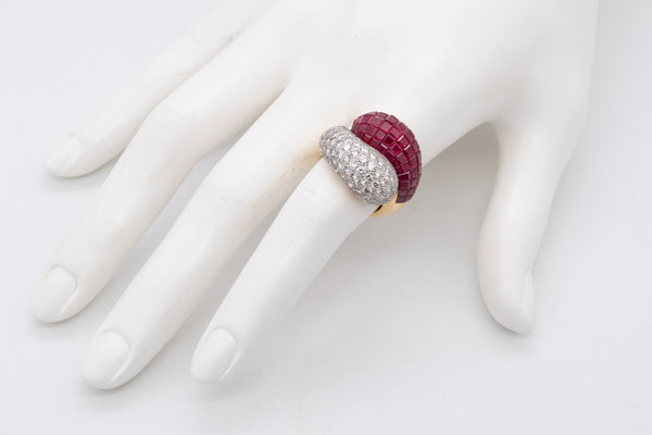 INVISIBLE MYSTERY SETTING COCKTAIL RING IN 18 KT YELLOW GOLD WITH 8.19 Ctw IN DIAMONDS & RUBIES
