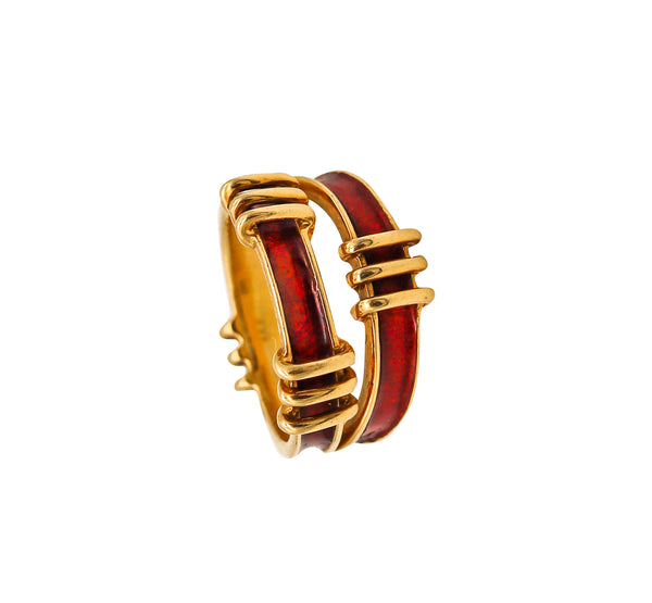 Tiffany & Co. 1970 By Schlumberger Red Enamel Double Tiered Ring in 18Kt Yellow Gold