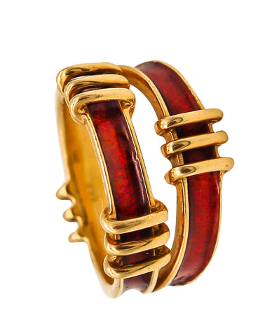 Tiffany & Co. 1970 By Schlumberger Red Enamel Double Tiered Ring in 18Kt Yellow Gold