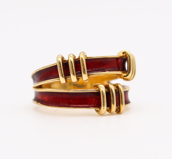 Tiffany & Co. 1970 By Schlumberger Red Enamel Double Tiered Ring in 18Kt Yellow Gold