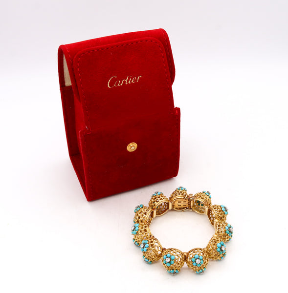 *Cartier 1960 Paris 18 kt bangle bracelet with 15.49 Cts in diamonds and turquoises.