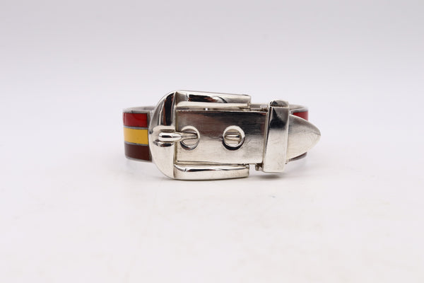 Gucci 1970 Milano Vintage Buckle Bracelet In .925 Sterling Silver With Three Color Enamel