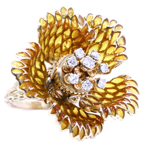 FRENCH 18 KT SIGNED RING PLIQUE-A-JOUR ENAMEL DAY AND NIGHT PETALS DIAMONDS TREMBLANT