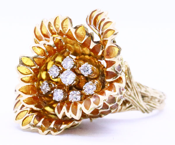 FRENCH 18 KT SIGNED RING PLIQUE-A-JOUR ENAMEL DAY AND NIGHT PETALS DIAMONDS TREMBLANT