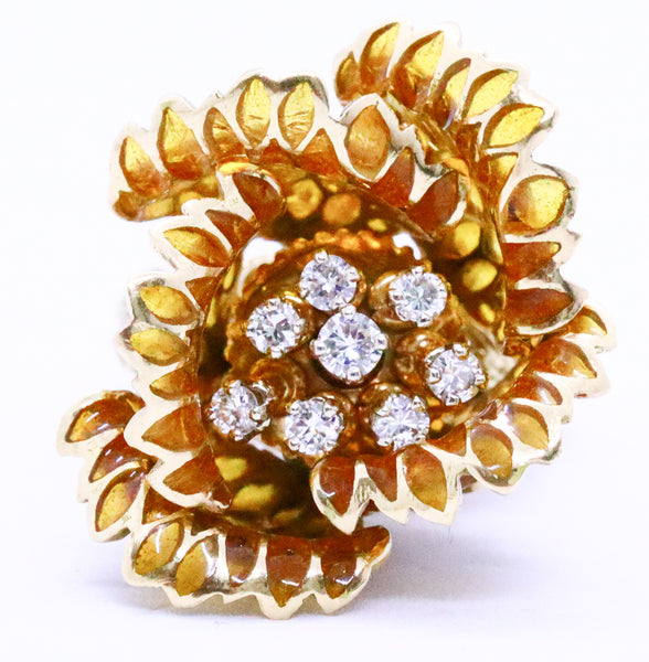 FRENCH 18 KT SIGNED RING PLIQUE-A-JOUR ENAMEL DAY AND NIGHT PETALS DIAMONDS TREMBLANT