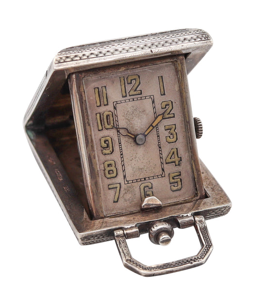 Eszeha Germany 1920 Travel Pendant Desk Clock In Sterling Silver With Guilloche Enamel