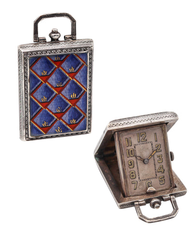 Eszeha Germany 1920 Travel Pendant Desk Clock In Sterling Silver With Guilloche Enamel