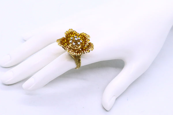 FRENCH 18 KT SIGNED RING PLIQUE-A-JOUR ENAMEL DAY AND NIGHT PETALS DIAMONDS TREMBLANT