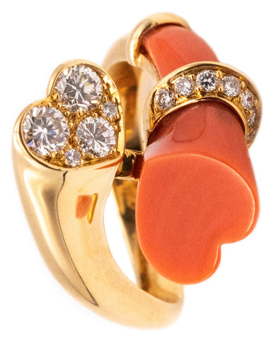 French 1970 Toi Et Moi Ring In 18Kt Yellow Gold With VVS Diamonds And Coral