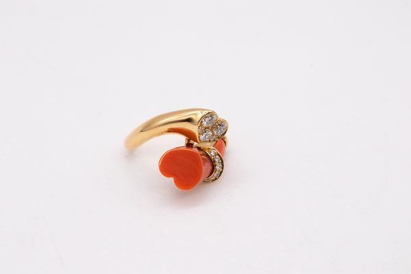 French 1970 Toi Et Moi Ring In 18Kt Yellow Gold With VVS Diamonds And Coral