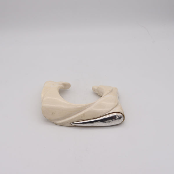 -Modernist 1970 Free Form Carved Studio Cuff Bracelet With .925 Sterling Silver