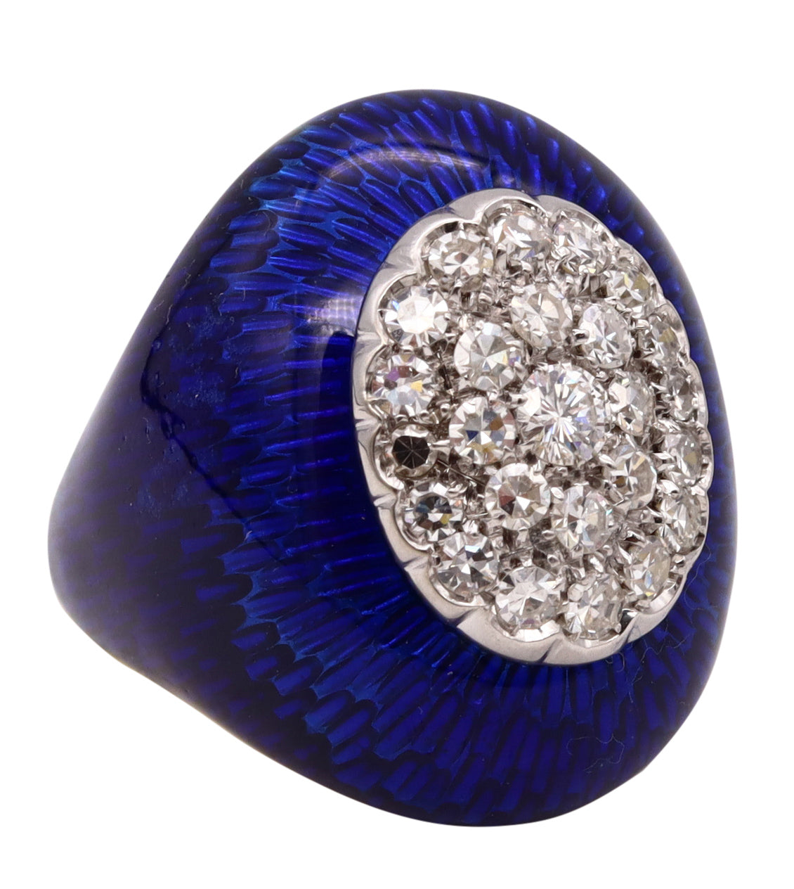 *Italy 1970 designer cocktail ring in 18 kt with blue enamel and 1.87 Cts in diamonds