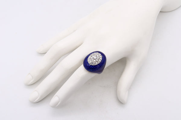 *Italy 1970 designer cocktail ring in 18 kt with blue enamel and 1.87 Cts in diamonds