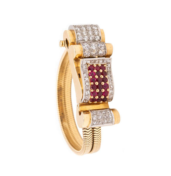 *Art-Deco 1940's bracelet wristwatch in 18 kt gold with 9.66 Ctw of diamonds & rubies