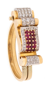 *Art-Deco 1940's bracelet wristwatch in 18 kt gold with 9.66 Ctw of diamonds & rubies