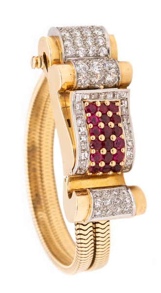 *Art-Deco 1940's bracelet wristwatch in 18 kt gold with 9.66 Ctw of diamonds & rubies