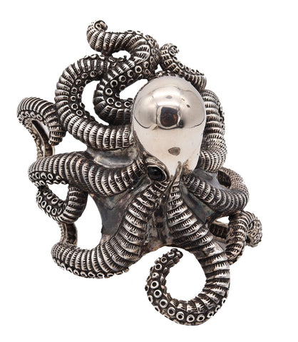 -Octopus Italian Sculptural Massive Cuff Bracelet In Solid .925 Sterling Silver.