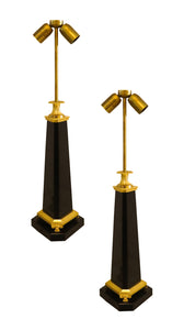 French 1970 Neoclassic Modernist Pair Of Table Lamps In Black Onyx With Gilded Ormolu
