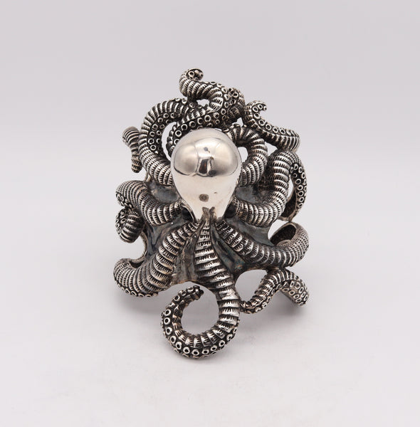 -Octopus Italian Sculptural Massive Cuff Bracelet In Solid .925 Sterling Silver.