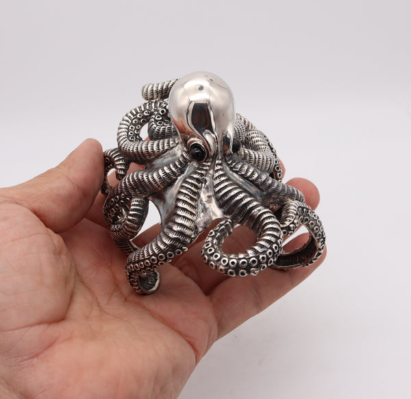 -Octopus Italian Sculptural Massive Cuff Bracelet In Solid .925 Sterling Silver.