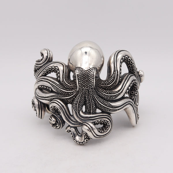 -Octopus Italian Oversized Massive Cuff Bracelet In Solid Textured .925 Sterling Silver