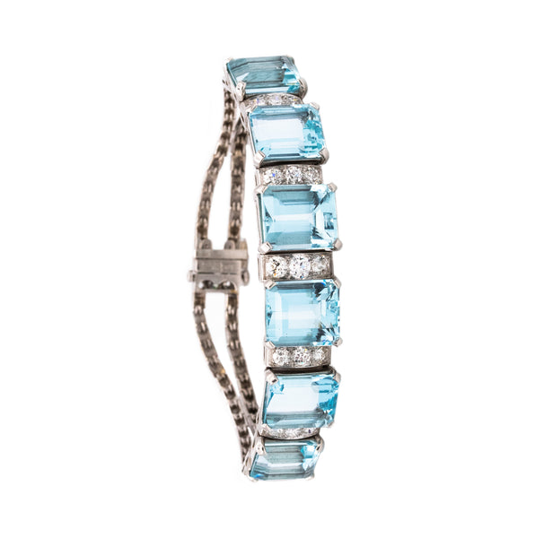 Waslikoff And Sons Art Deco 1940 Platinum Bracelet With 42.84 Ctw In Diamonds And Aquamarines