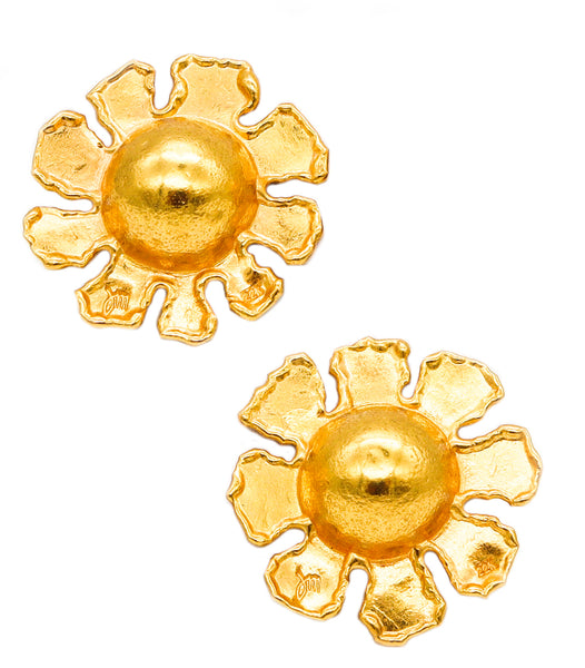 Jean Mahie Paris Artistic Vintage Sunburst Clips Earrings in Textured 22Kt Yellow Gold