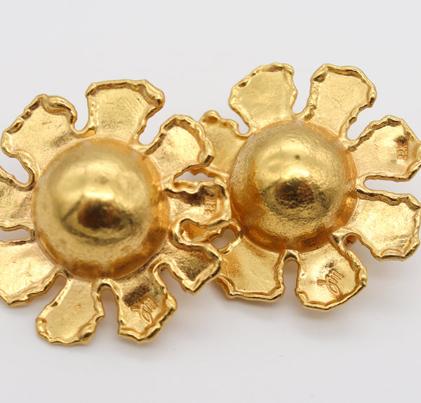 Jean Mahie Paris Artistic Vintage Sunburst Clips Earrings in Textured 22Kt Yellow Gold