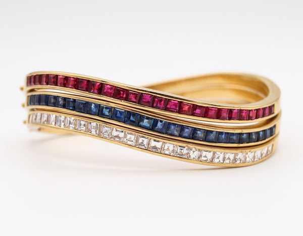 Oscar Heyman Wave Bracelets Trio In 18Kt Gold With 13.88 Cts In Diamonds, Rubies & Sapphires
