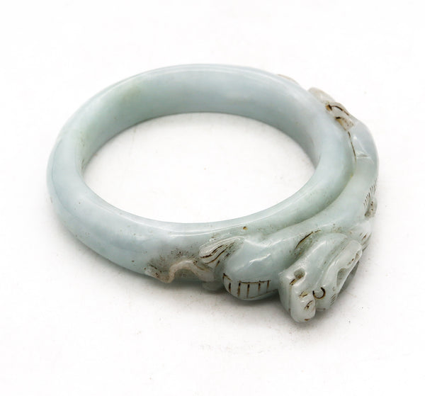 *China 1800 Qing Dynasty rare white jade bangle bracelet with carved Dragon on top