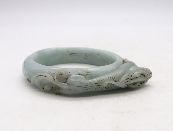 *China 1800 Qing Dynasty rare white jade bangle bracelet with carved Dragon on top