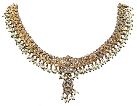 Indian Mughal Court Jeweled Necklace In 21Kt Gold With 32.55 Cts Of Diamonds Emeralds And Pearls