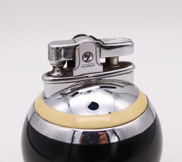 Ronson England 1929 Art Deco Black And Creme Lacquer RonDeLight Table Lighter In Stainless Steel