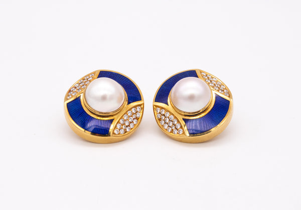 Leo De Vroomen London Clip Enameled Earrings In 18Kt Gold With 1.28 Cts In Diamonds And Pearls