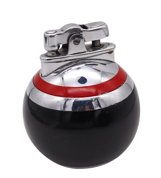 +Ronson USA 1929 Art Deco Black And Red Lacquer RonDeLight Table Lighter In Stainless Steel