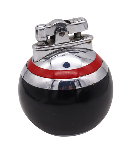 +Ronson USA 1929 Art Deco Black And Red Lacquer RonDeLight Table Lighter In Stainless Steel