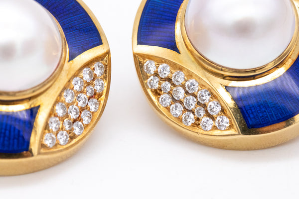 Leo De Vroomen London Clip Enameled Earrings In 18Kt Gold With 1.28 Cts In Diamonds And Pearls