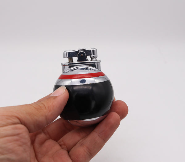 +Ronson USA 1929 Art Deco Black And Red Lacquer RonDeLight Table Lighter In Stainless Steel