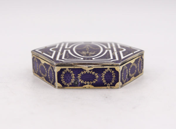 French 1905 Edwardian Hexagonal Snuff Box In Sterling Silver With Guilloche Enamel