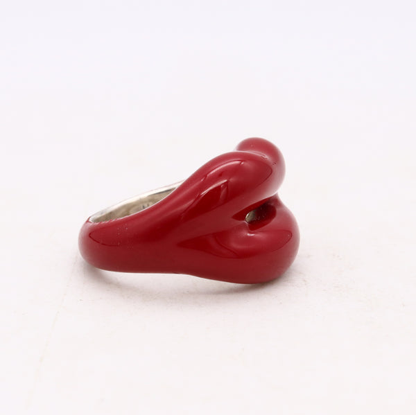 *Solange Azagury-Partridge British Hot-lips ring in .925 sterling silver with vivid Red Enamel
