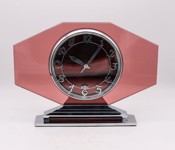 Jaz Paris 1930 Art Deco Geometric 8 Days Glass Desk Clock In Stainless Steel