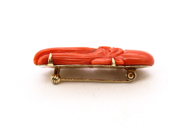 Italy 1960 Mid Century 18Kt Yellow Gold Chinoiserie Brooch With Carved Coral