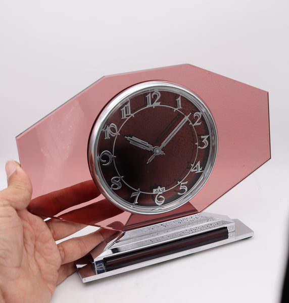 Jaz Paris 1930 Art Deco Geometric 8 Days Glass Desk Clock In Stainless Steel