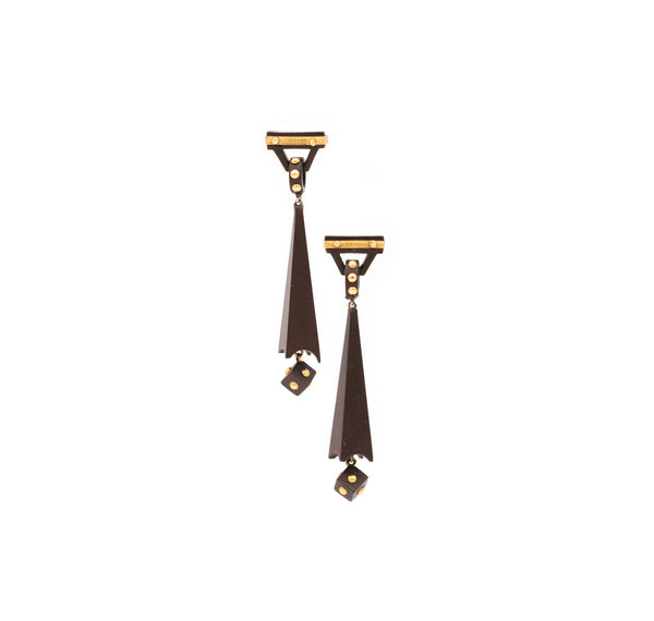 ETRUSCAN REVIVAL 1880 VICTORIAN LONG EARRINGS IN 18 KT GOLD WITH VULCANITE