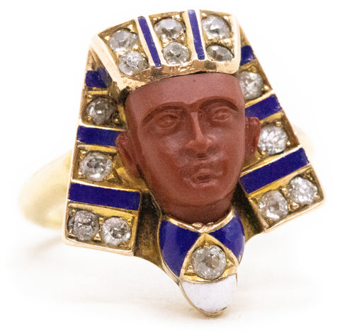 EGYPTIAN REVIVAL 1920 ART DECO KING TUT ENAMELED RING WITH DIAMONDS & JASPER