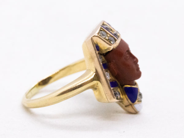 EGYPTIAN REVIVAL 1920 ART DECO KING TUT ENAMELED RING WITH DIAMONDS & JASPER
