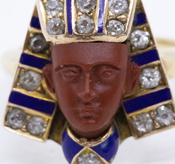 EGYPTIAN REVIVAL 1920 ART DECO KING TUT ENAMELED RING WITH DIAMONDS & JASPER