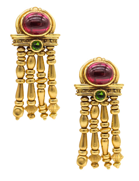 SeidenGang Etruscan Long Drop Earrings In 18Kt Yellow Gold With 15.76 Cts In Tourmalines